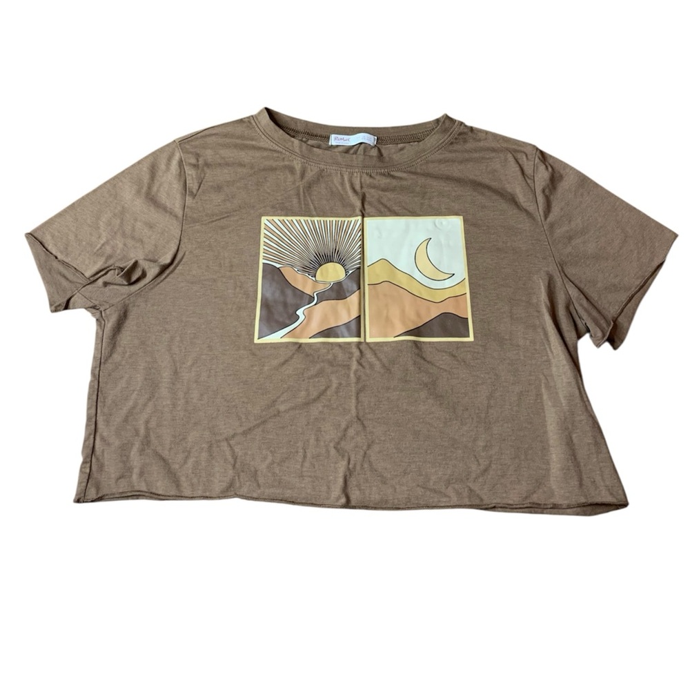 ROMWE Brown Boho Sun & Moon Graphic Crop Top Tee - Size L